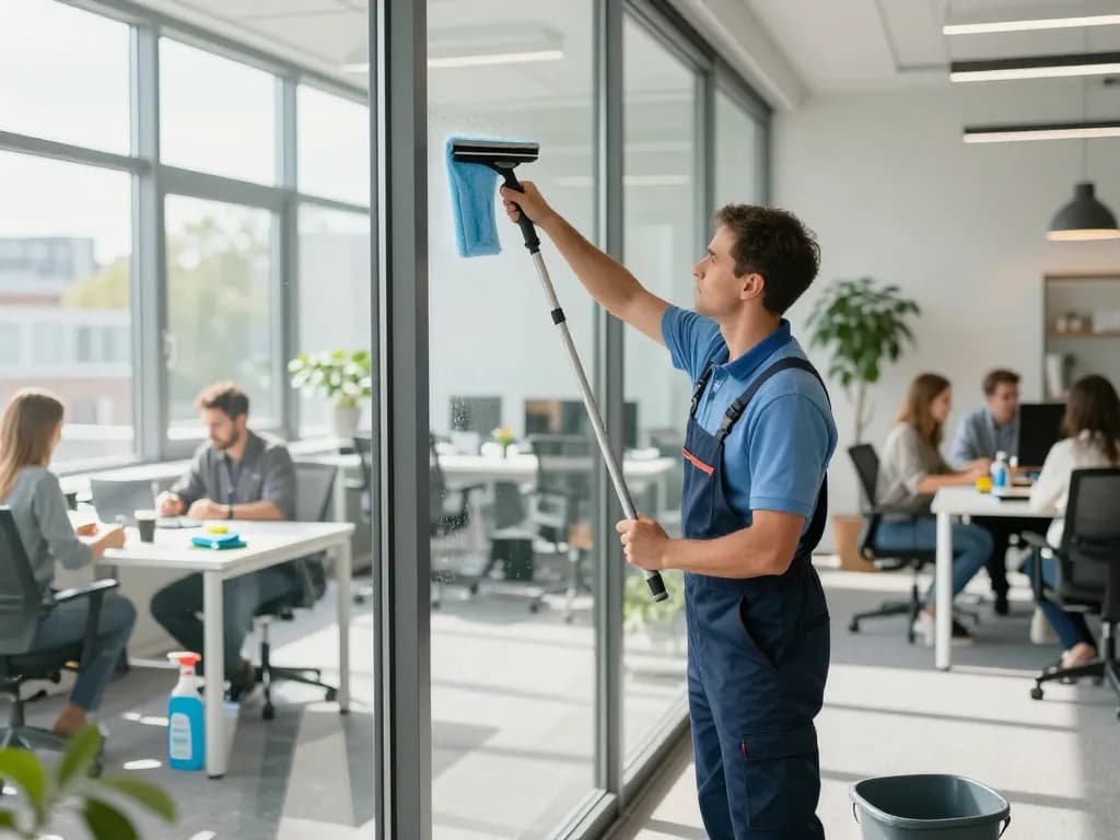 Professioneller Gebäudereiniger aus Emsdetten, der Bürofenster reinigt und eine helle und einladende Arbeitsplatzumgebung zeigt.