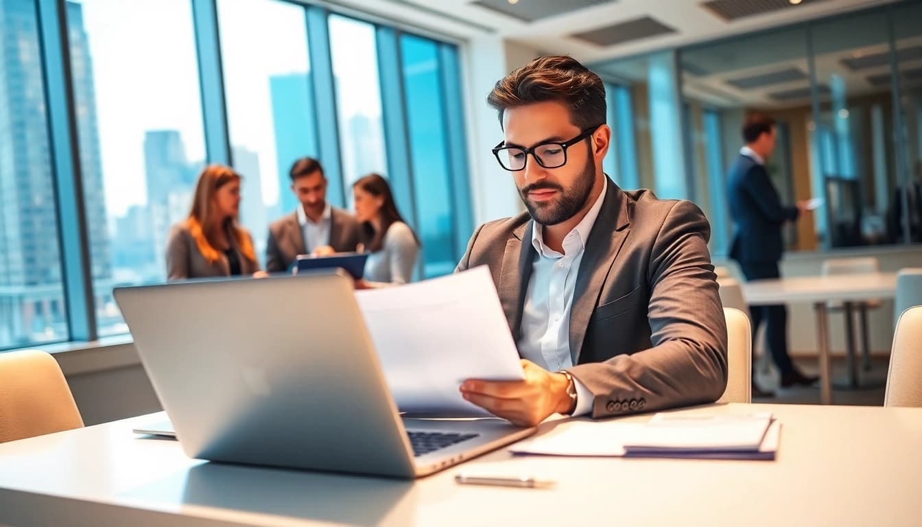 Headhunter IT reviewing resumes in a modern office environment.