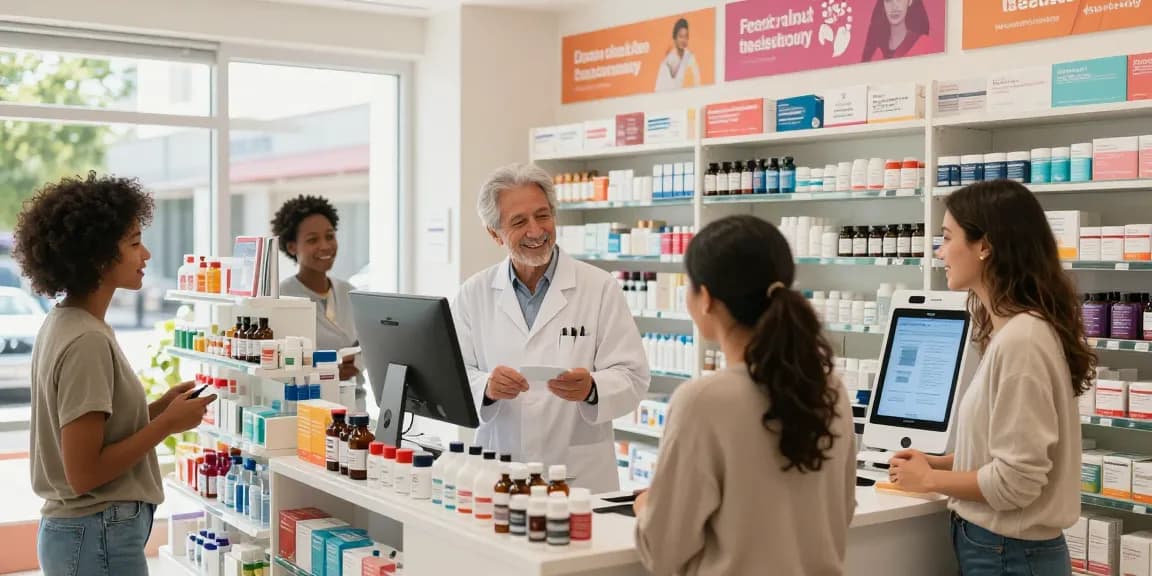 Medi Pharma Shop mit Apotheker, der Kunde in einer lebhaften Gesundheits- und Wellnessumgebung unterstützt