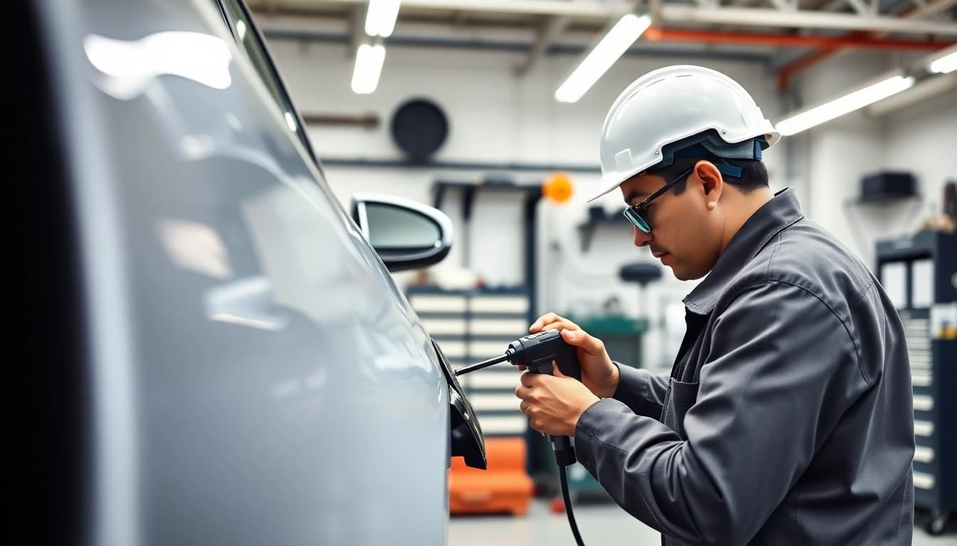 Fachmann führt eine leasing smart repair an einem Leasingfahrzeug durch, um Schäden zu beheben.