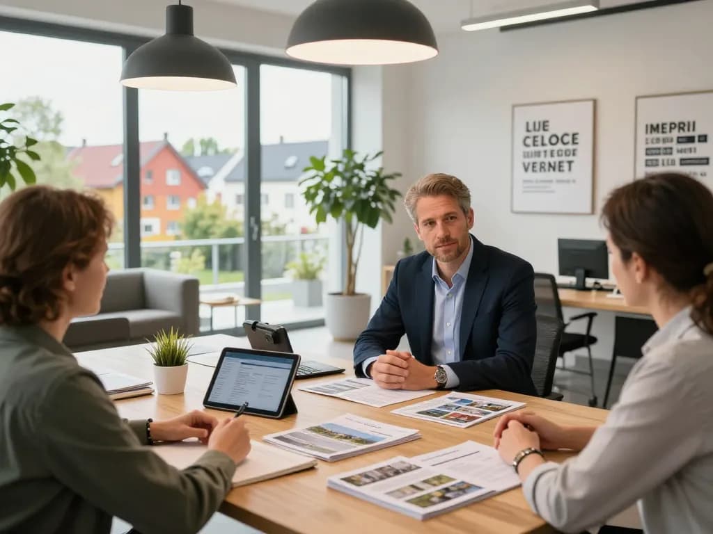 Immobilienmakler Frankfurt Preungesheim berät Kunden in einem modernen, einladenden Büro.