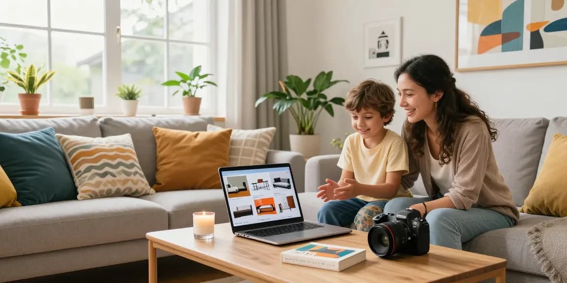 Warmes, einladendes Szenario einer Familie, die online Möbel kauft in einem stilvollen Wohnzimmer.