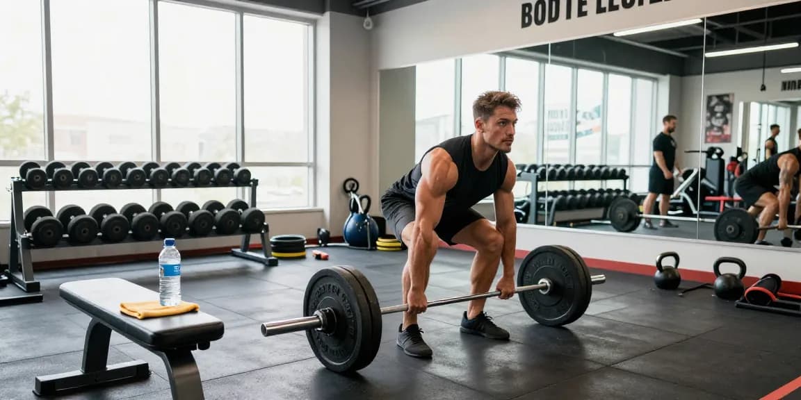 Anabolika Shop Fitness-Training-Szene, die einen engagierten Bodybuilder zeigt, der in einem modernen Fitnessstudio Kreuzheben ausführt, umgeben von Trainingsgeräten und motivierenden Elementen.