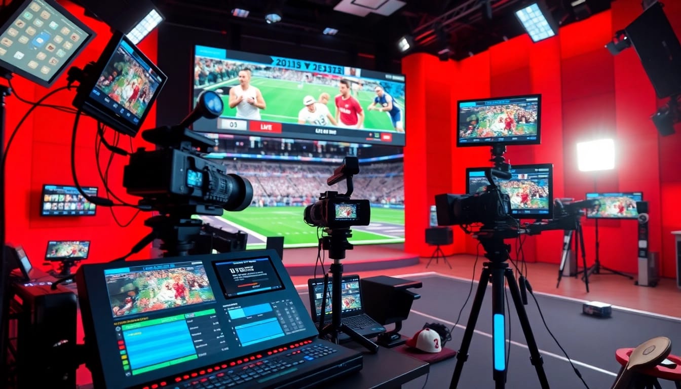 Engaging scene of Sports Broadcasting setup with advanced equipment in a bright studio.