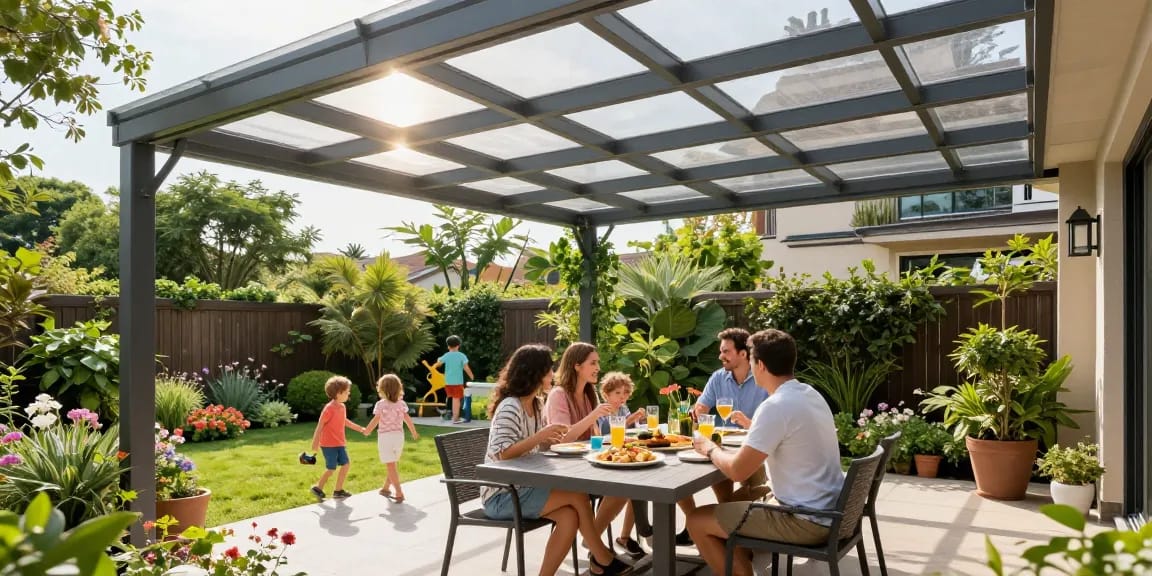 Terrassenüberdachungen in einem modernen Garten, Familie genießt einen sonnigen Tag.