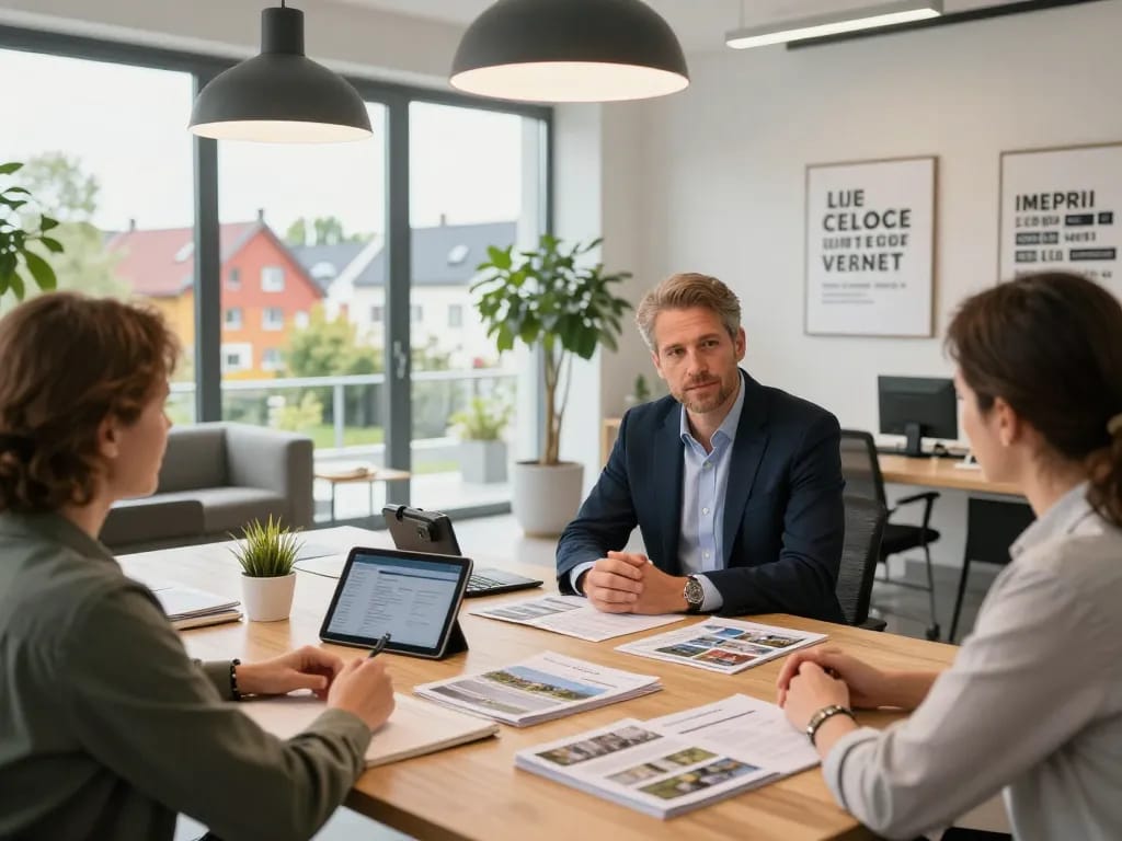 Immobilienmakler Frankfurt Preungesheim berät Kunden in einem modernen, einladenden Büro.