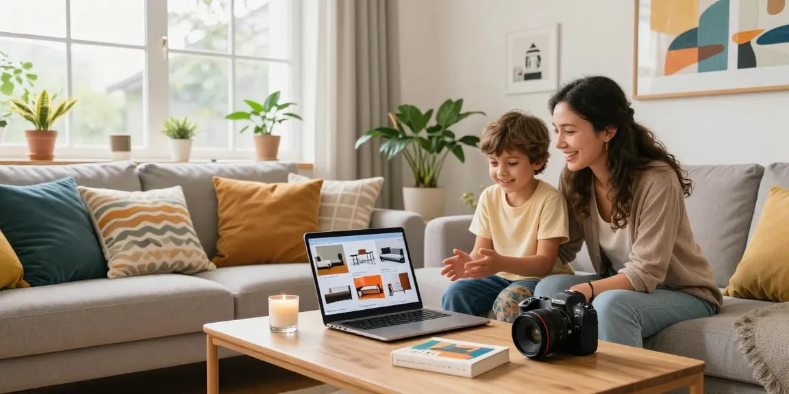 Warmes, einladendes Szenario einer Familie, die online Möbel kauft in einem stilvollen Wohnzimmer.
