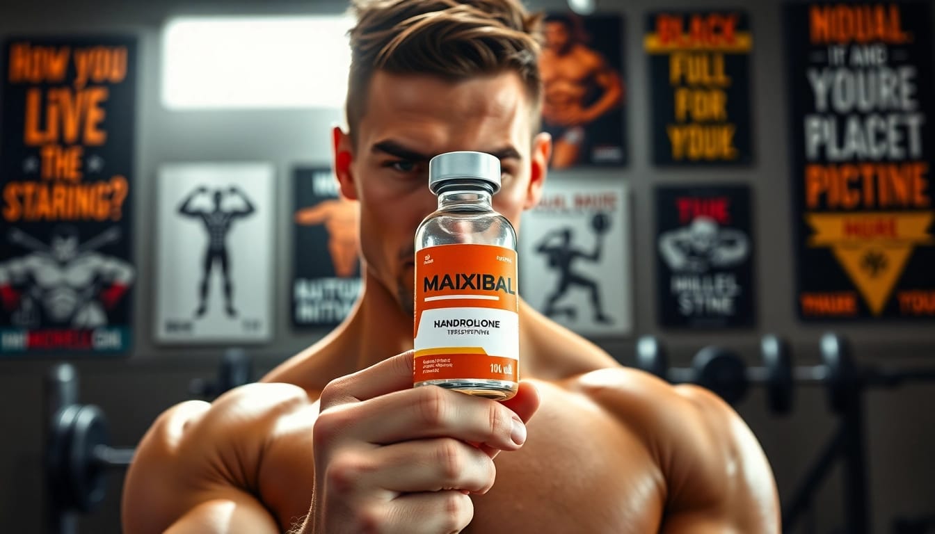 Maxibal Nandrolone Testosterone vial presented by a fitness model in a gym environment.