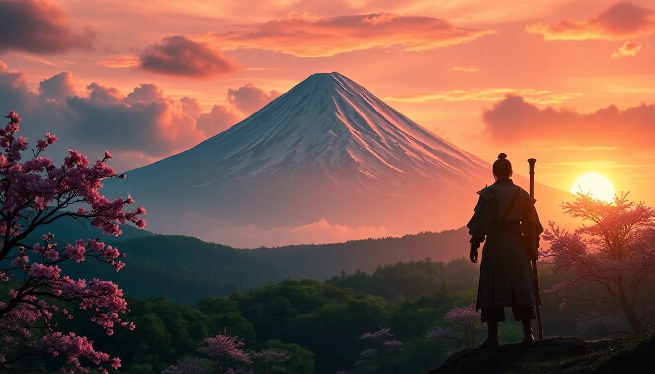 Ghost of Yōtei Bewertung Landschaft mit dem Mount Yotei bei Sonnenuntergang und einem Samurai.