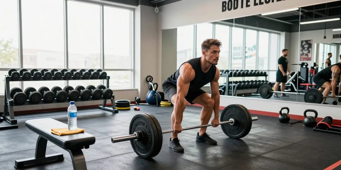 Anabolika Shop Fitness-Training-Szene, die einen engagierten Bodybuilder zeigt, der in einem modernen Fitnessstudio Kreuzheben ausführt, umgeben von Trainingsgeräten und motivierenden Elementen.