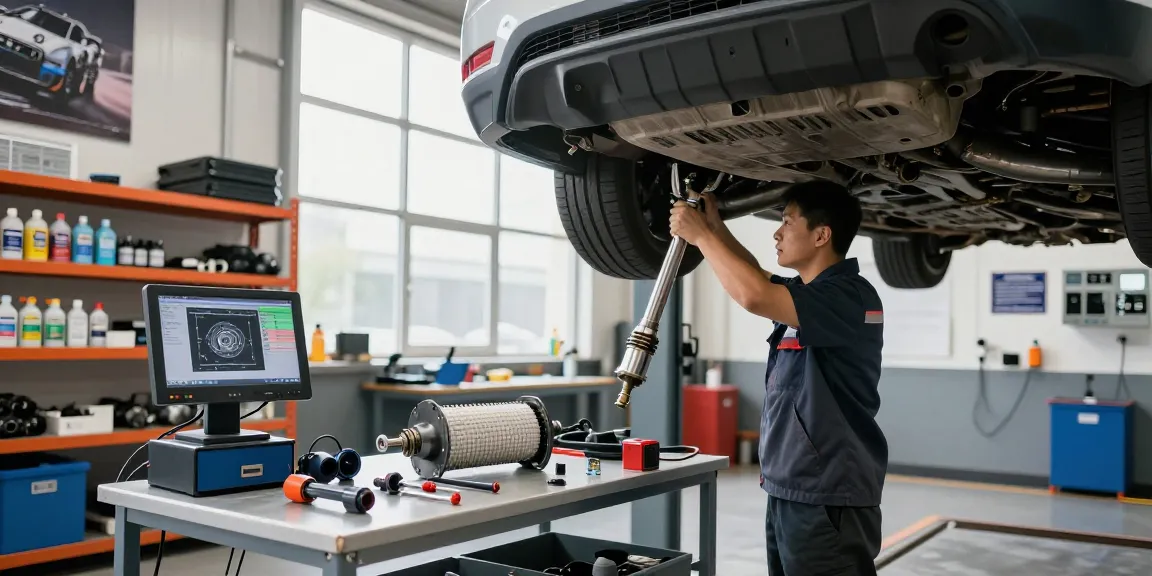 DPF Reinigung Hannover: Fachtechniker inspiziert Fahrzeugauspuff mit modernen Reinigungswerkzeugen in einer sauberen Werkstatt.