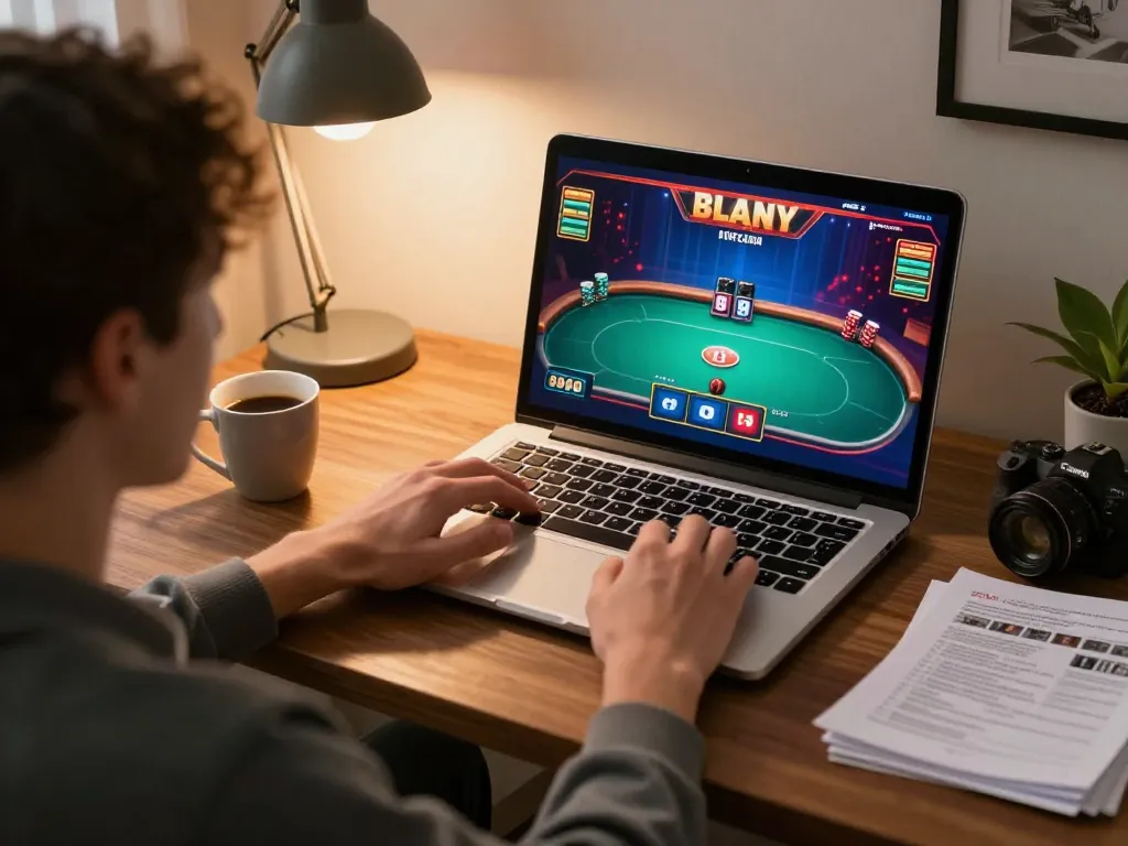 Player enjoys a strategic poker game on 23Win platform in a cozy home setting with warm lighting.