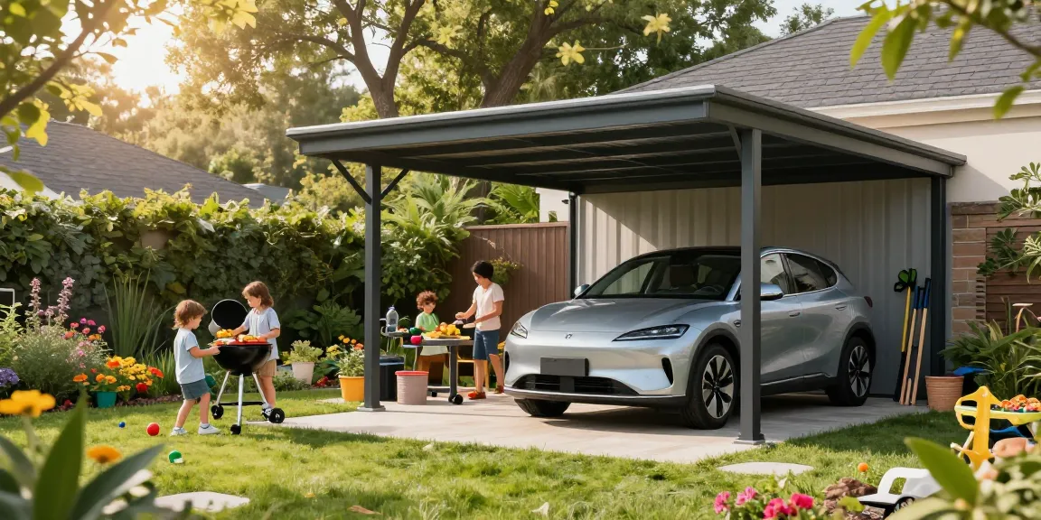 Moderne Carport-Szene mit einer Familie beim Grillen im Garten, darunter ein stilvoller Carport.
