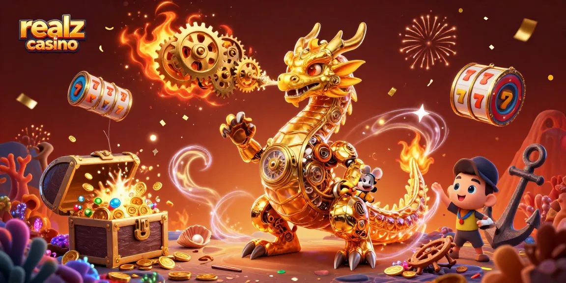 Experience the thrill of realz casino with golden treasures spilling from a dragon and slot reels.