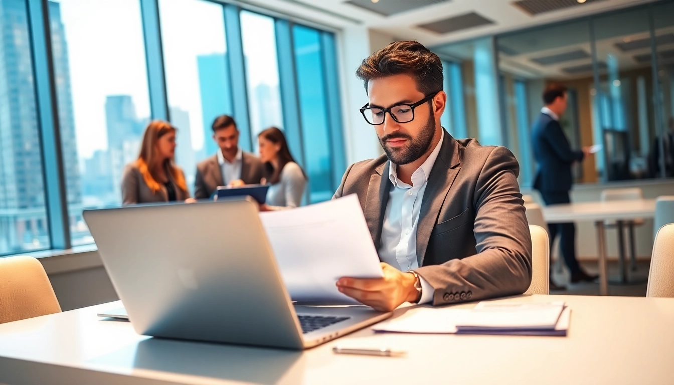 Headhunter IT reviewing resumes in a modern office environment.