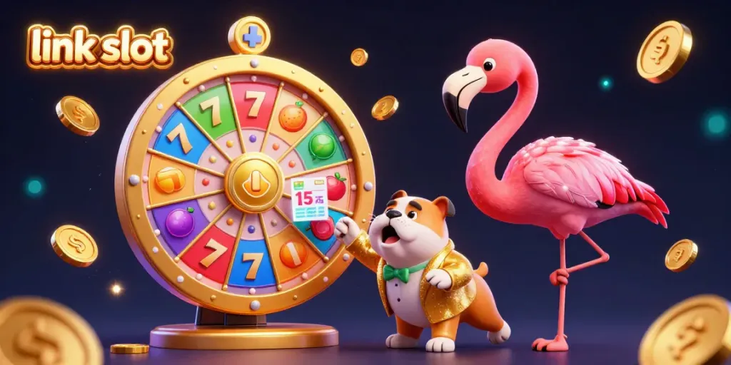 Spin and win with the link slot as colorful slot machines and joyful characters surround the vibrant prize scene.