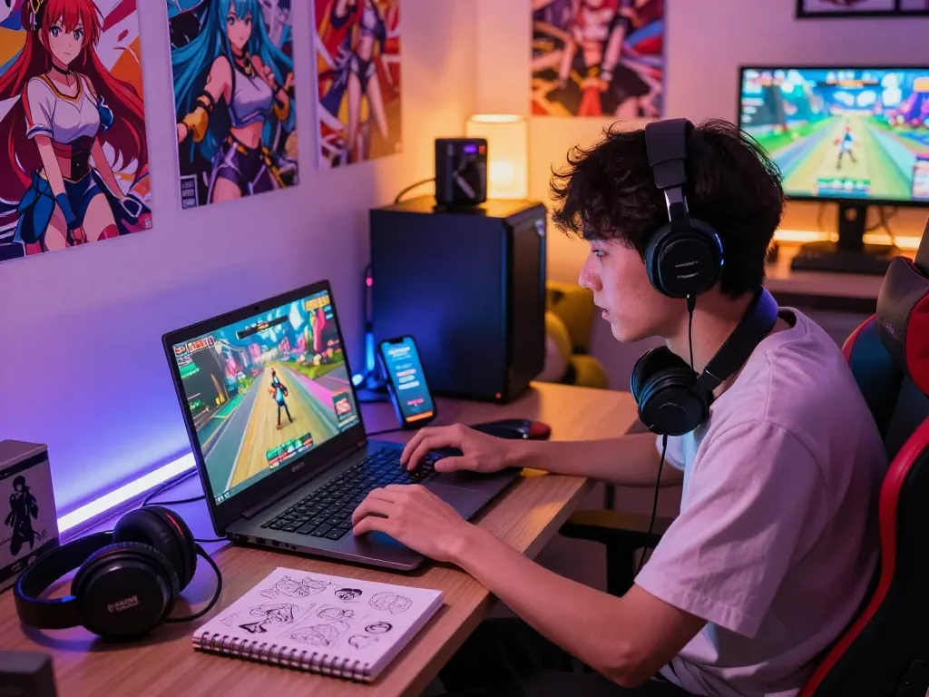 Player deeply focused on an exciting hentai game amid an immersive gaming setup with anime decor.