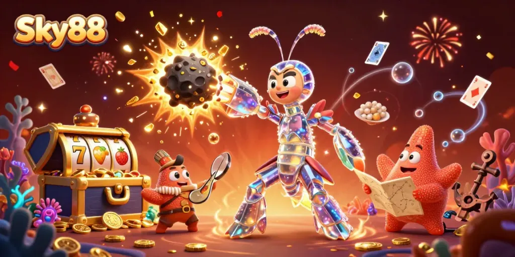 Sky88 brings thrilling fun with galactic samurai mantis shrimp, gold, and colorful gaming elements.