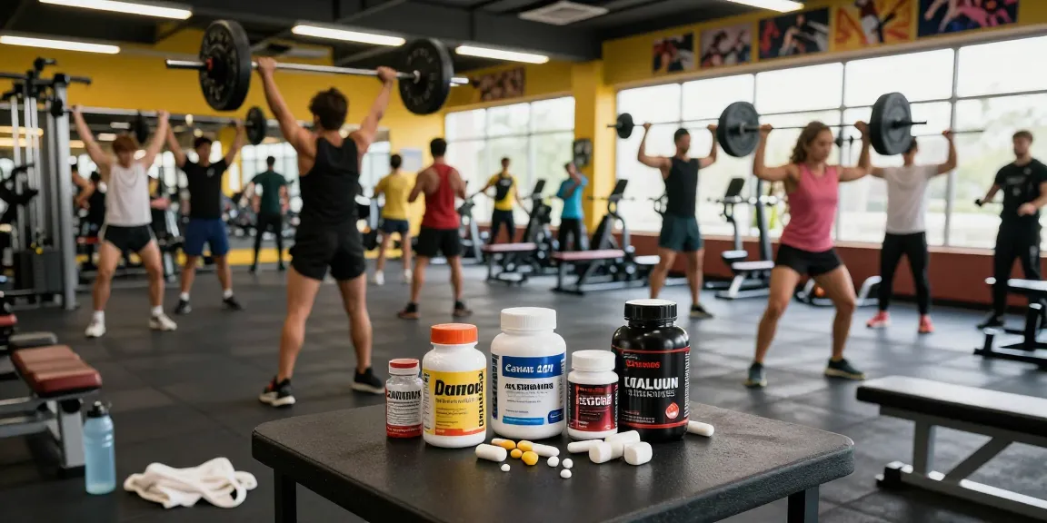Anabolika Shop featuring bodybuilders training in a vibrant gym, highlighting performance-enhancing supplements and energetic atmosphere.