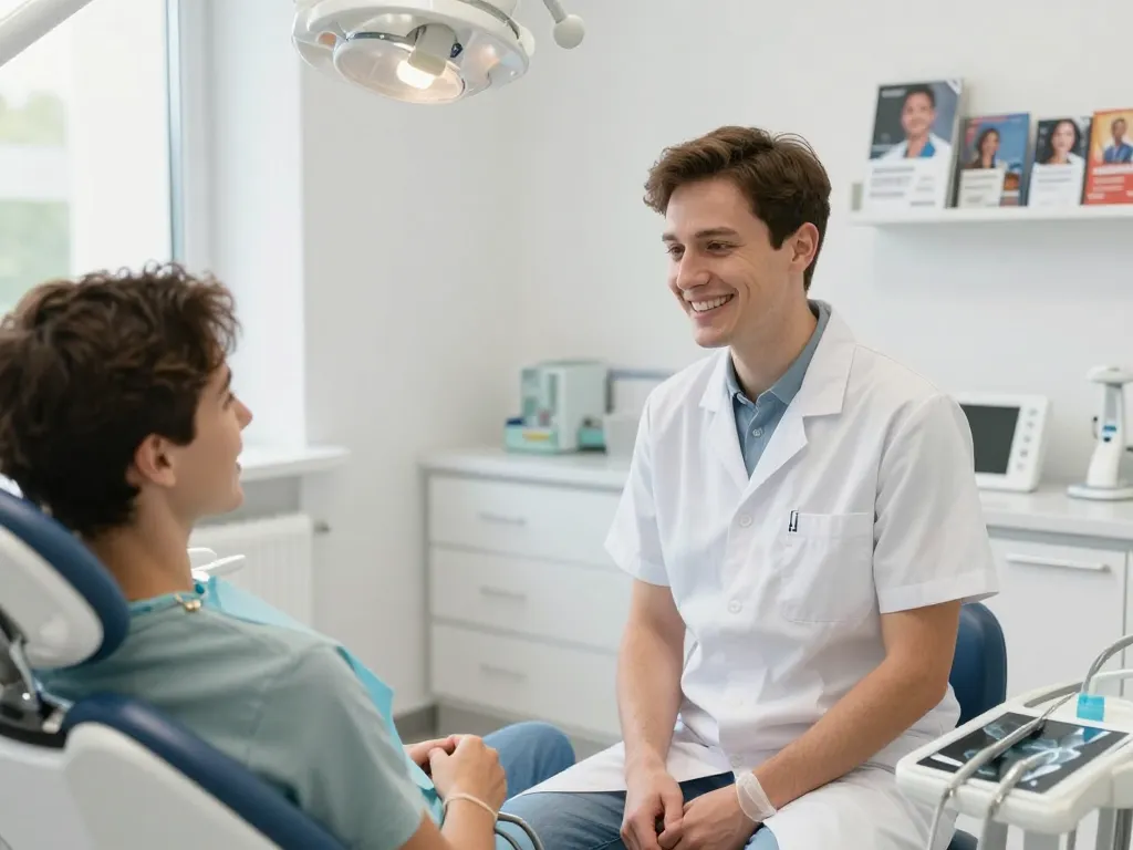 Beratung zur Weisheitszahnentfernung Wien in einer modernen Zahnarztpraxis mit einem einladenden Zahnarzt und einem engagierten Patienten.