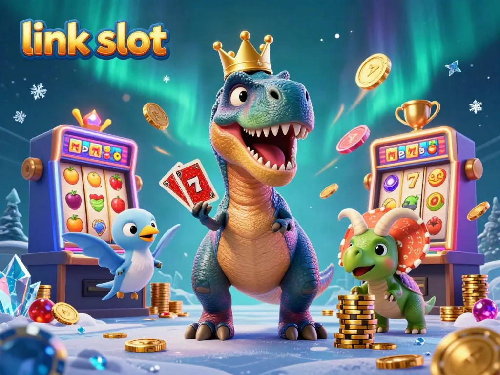 Experience thrilling action in link slot with a friendly T-Rex shuffling cards, a pterodactyl assisting, and a baby triceratops stacking chips.