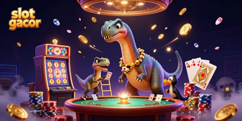 Engage in winning strategies with slot gacor at the vibrant casino scene featuring towering brontosaurus and lively action.