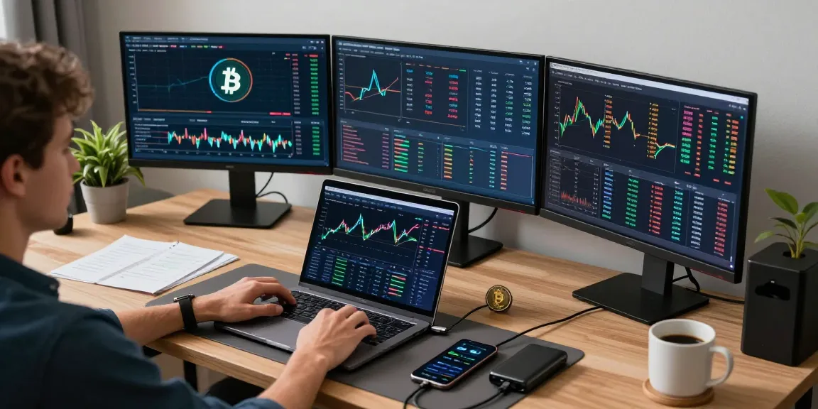 Edimakor im modernen Krypto-Handelsbüro mit Bitcoin- und DeFi-Dashboards.