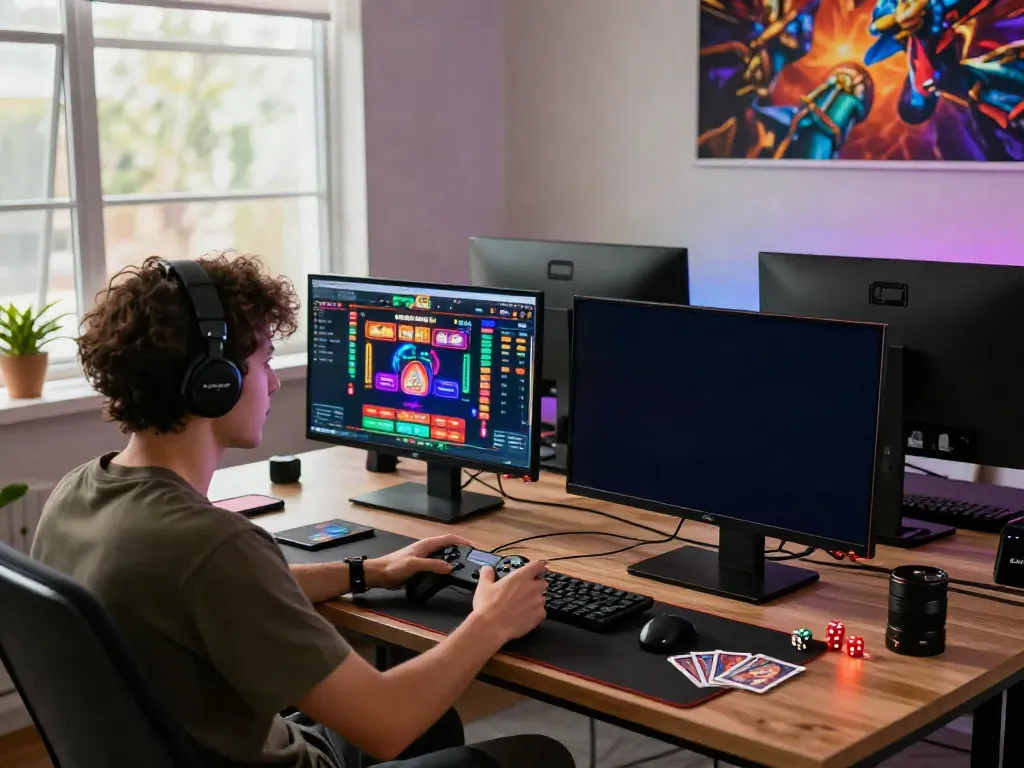 Engaging player immersed in live casino games at https://nbet.page/, showcasing modern gaming setup and vibrant displays.
