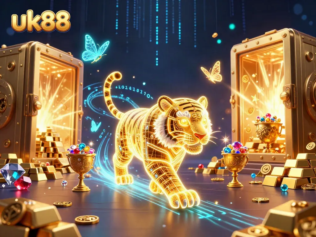 Experience the thrill of entertainment with uk88, featuring a vibrant casino scene with a golden tiger.