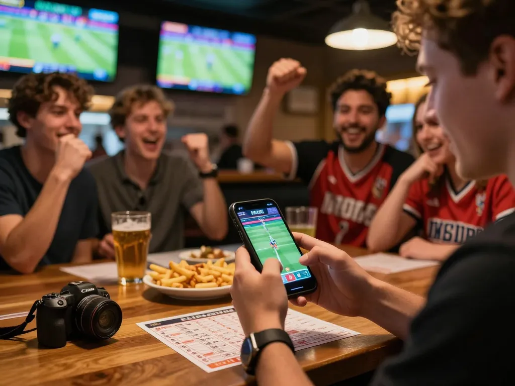 Engaged player placing live bets on PHPVIP app at a vibrant sports bar.