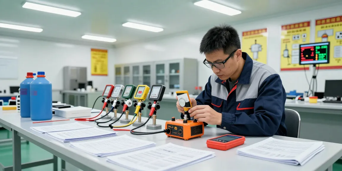 Techniker kalibriert den besten Erdgasdetektor in einer Industrieumgebung mit verschiedenen Sensoren und Sicherheitsausrüstung.