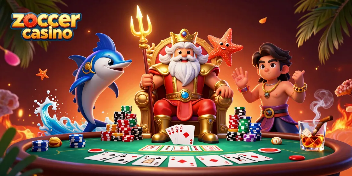 Experience the vibrant zoccer casino scene with cartoon Neptune surrounded by poker elements.