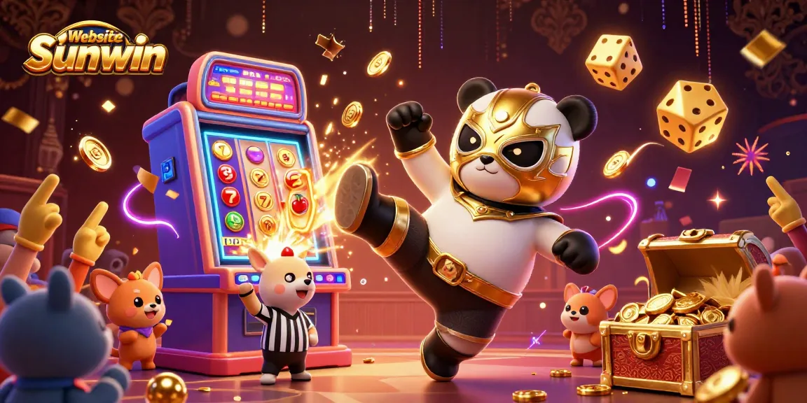 Experience thrill at Website Sunwin with a vibrant 3D illustration of a panda wrestler, lively crowd, and slot machine