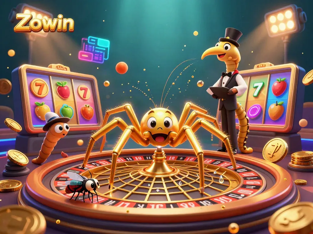 Zowin players engaging with a cartoon golden spider and centipede dealer in a vibrant casino scene.