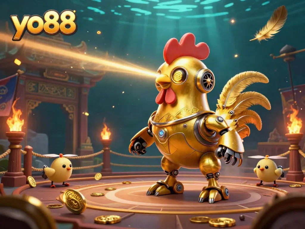 Experience thrilling gameplay at yo88 with a vibrant illustration of a golden rooster robot and baby chick drones in a dynamic casino setting.