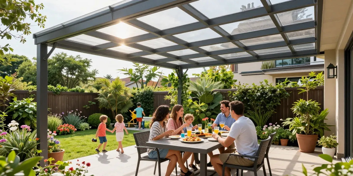 Terrassenüberdachungen in einem modernen Garten, Familie genießt einen sonnigen Tag.