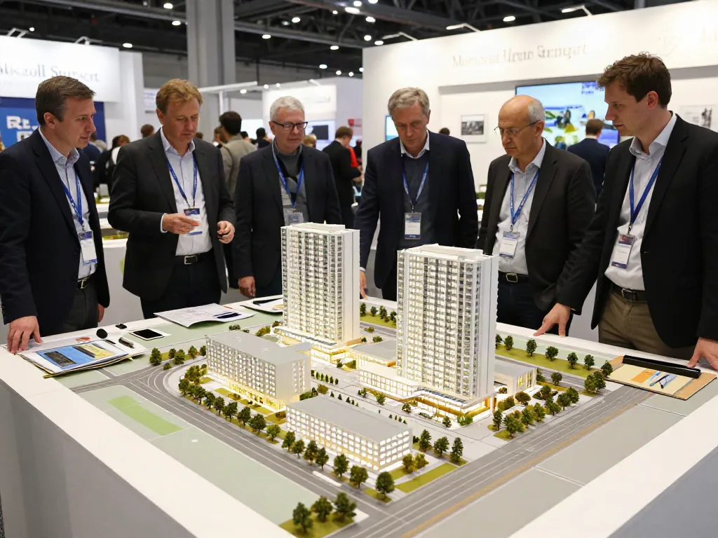 Detailreiche Präsentation des Anschauungsmodellbaus Mosolf Stuttgart 1:87 auf einer Messe mit Fachleuten im Austausch.