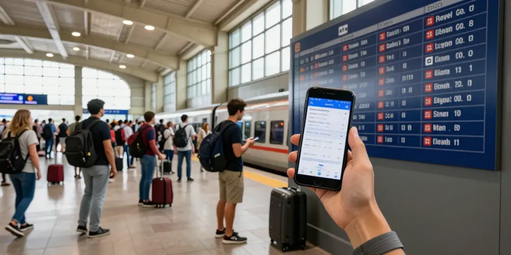 Begeisterter Reisender mit Zugticket-Angeboten im Bahnhof.