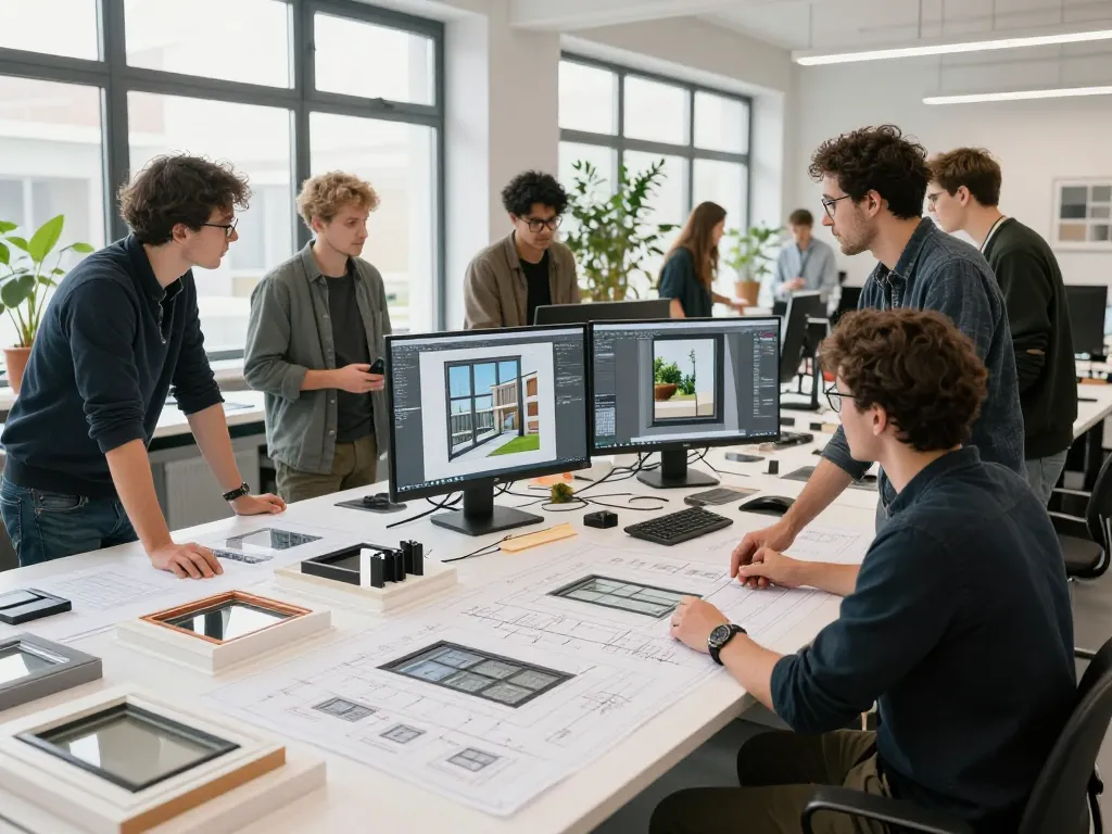 Architekten arbeiten in einem Fensterbau-Design-Workshop mit Plänen und 3D-Modellen zusammen.