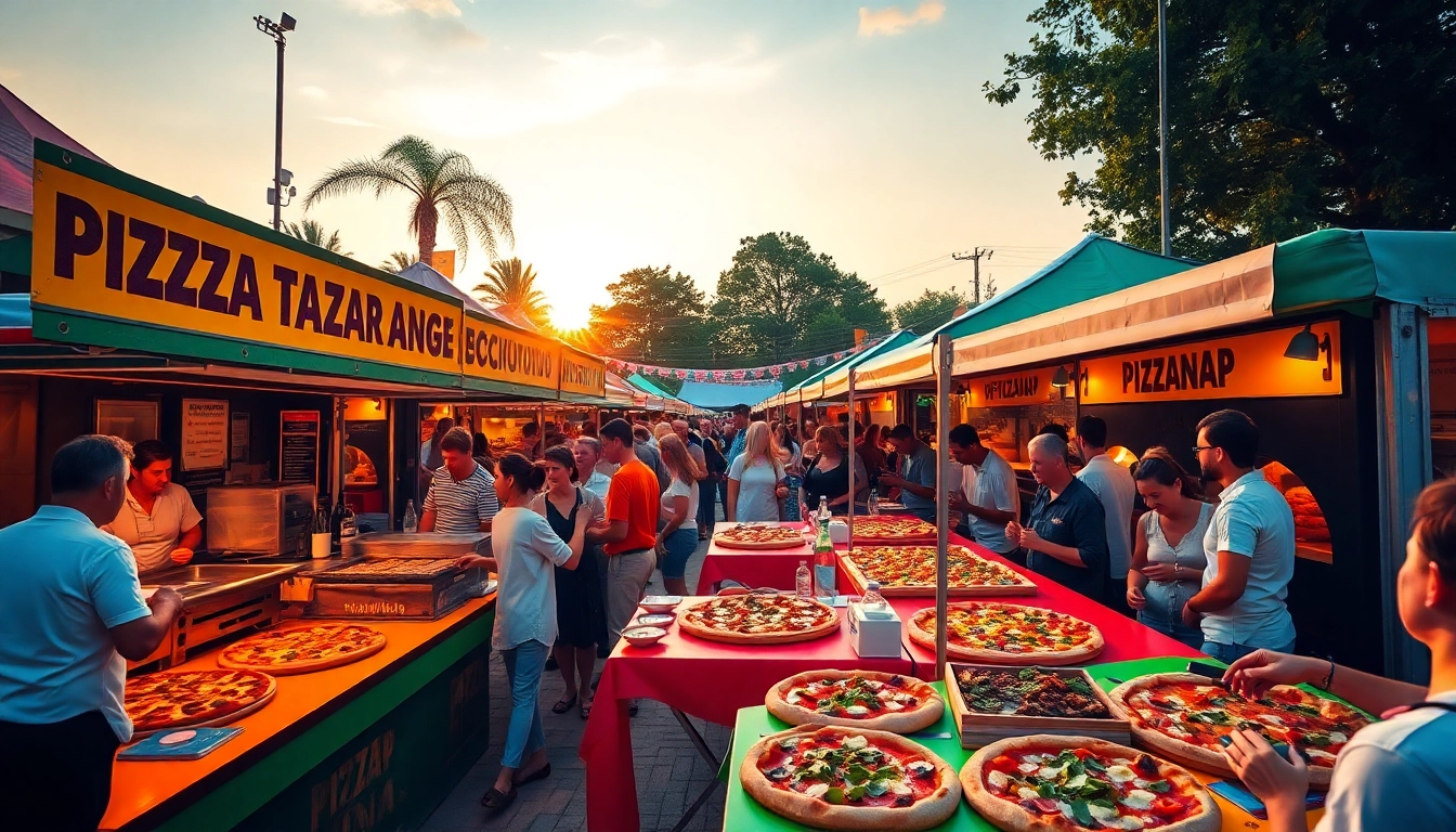 Pizzanap festival showcasing colorful pizza stalls and joyful visitors enjoying freshly made pizzas.