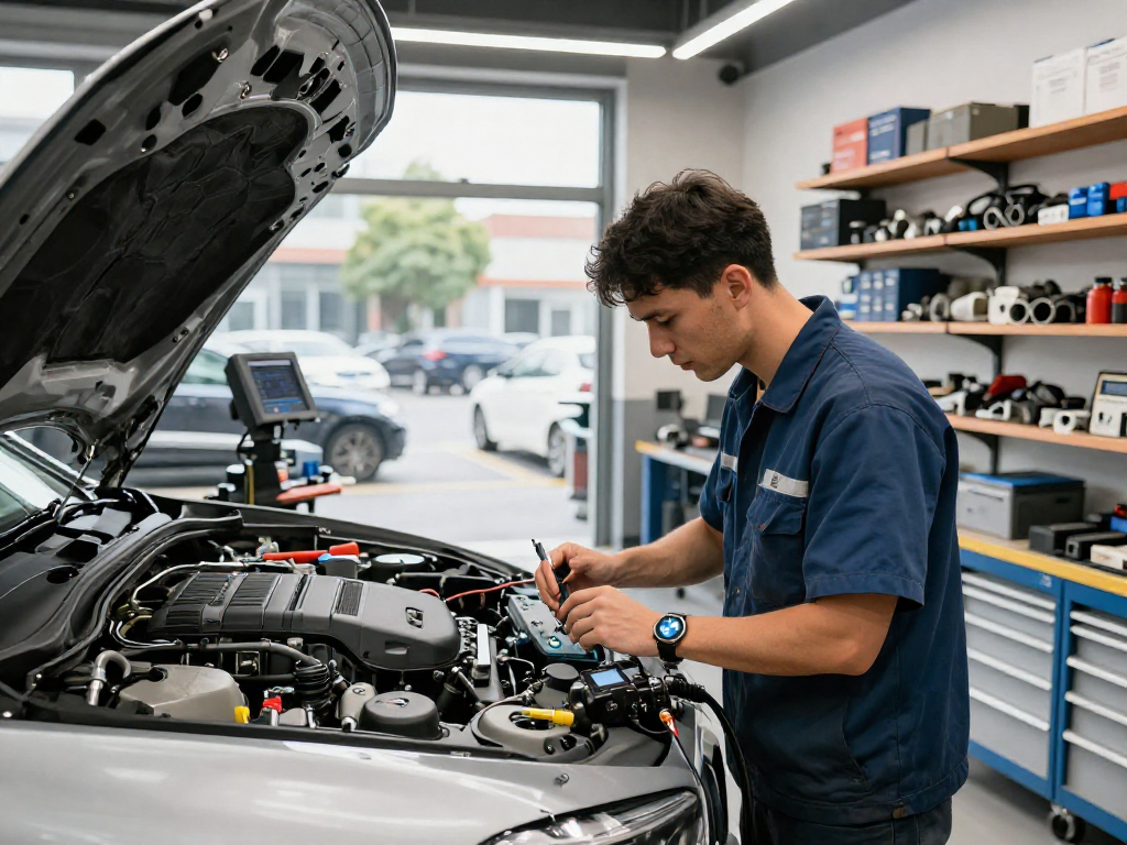 Professioneller Service in der BMW Werkstatt Hannover, Mechaniker überprüft Motor mit modernsten Werkzeugen.