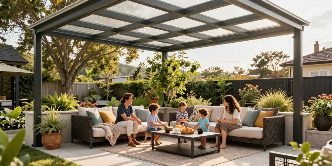 Die Vorteile einer Terrassenüberdachung: Familie genießt Zeit unter dem stilvollen Aluminiumdach im Garten.