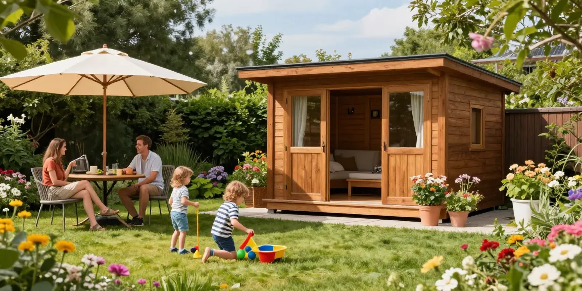 Gartenhaus kaufen in hellem Garten mit Familie, die sich beim Spielen und Entspannen versammelt.