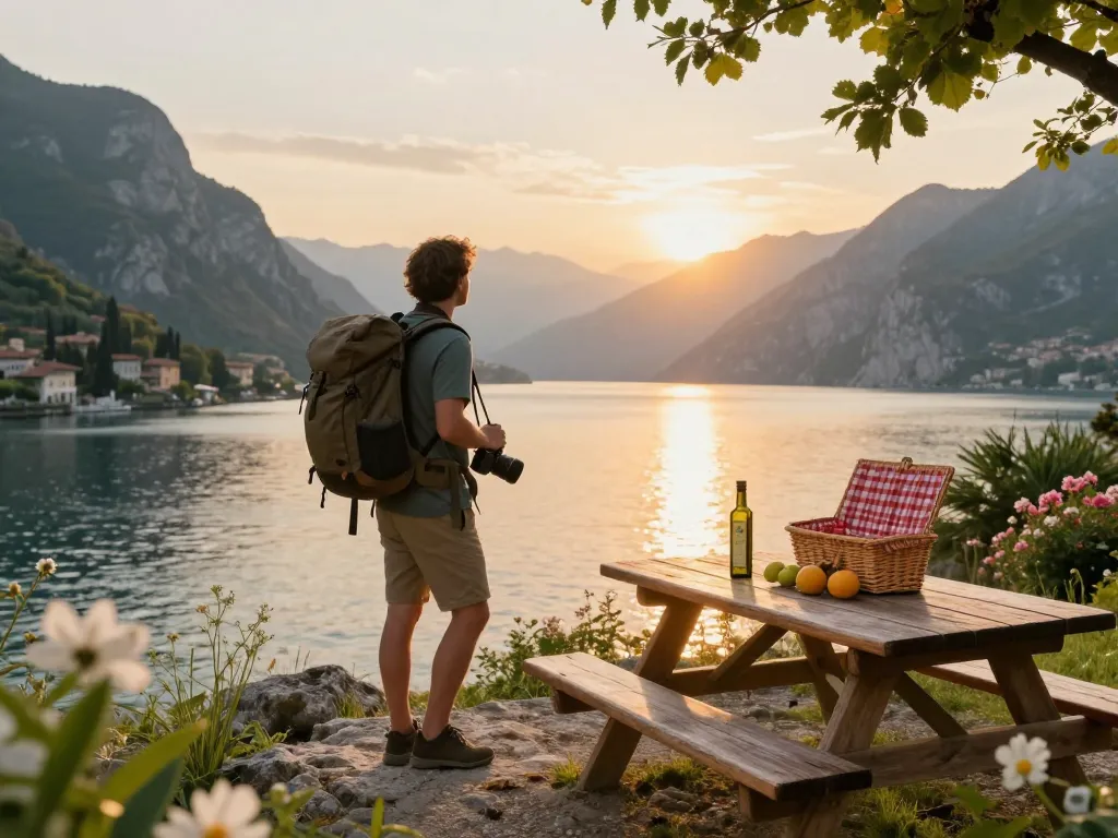 Reisetipps Gardasee: Malerischer Reisender am Gardasee bei Sonnenuntergang mit Ausrüstung und lokalen Delikatessen.
