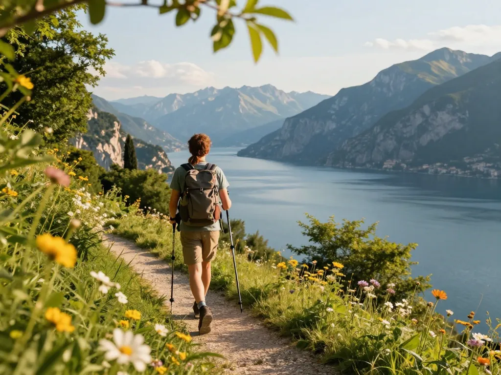 Erkunden Sie Gardasee Reisetipps mit einem Reisenden, der am See wandert und die Schönheit der Natur genießt.