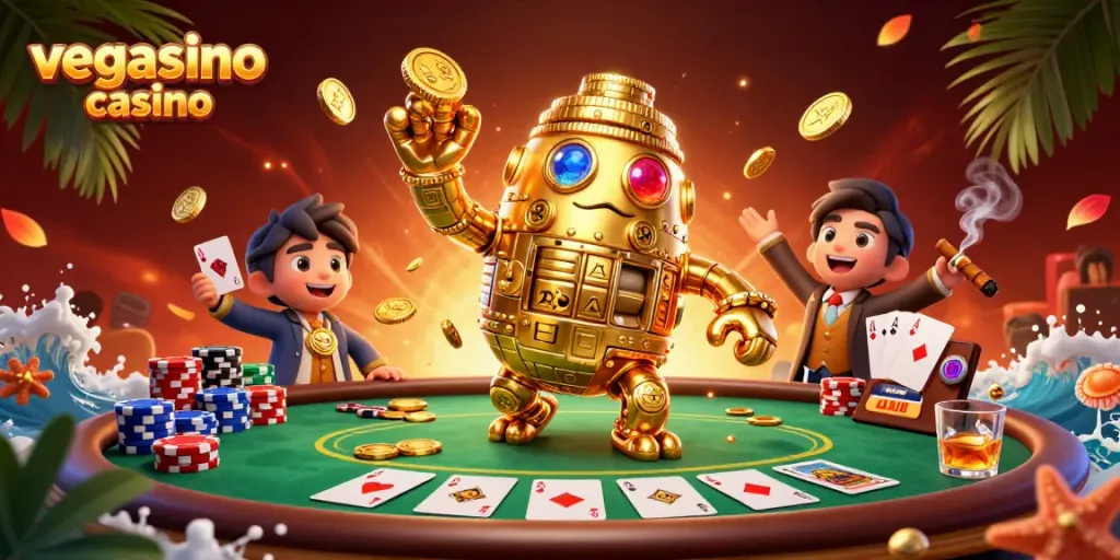 Experience the thrill of vegasino casino with a dynamic illustration of a golden golem surrounded by poker elements.