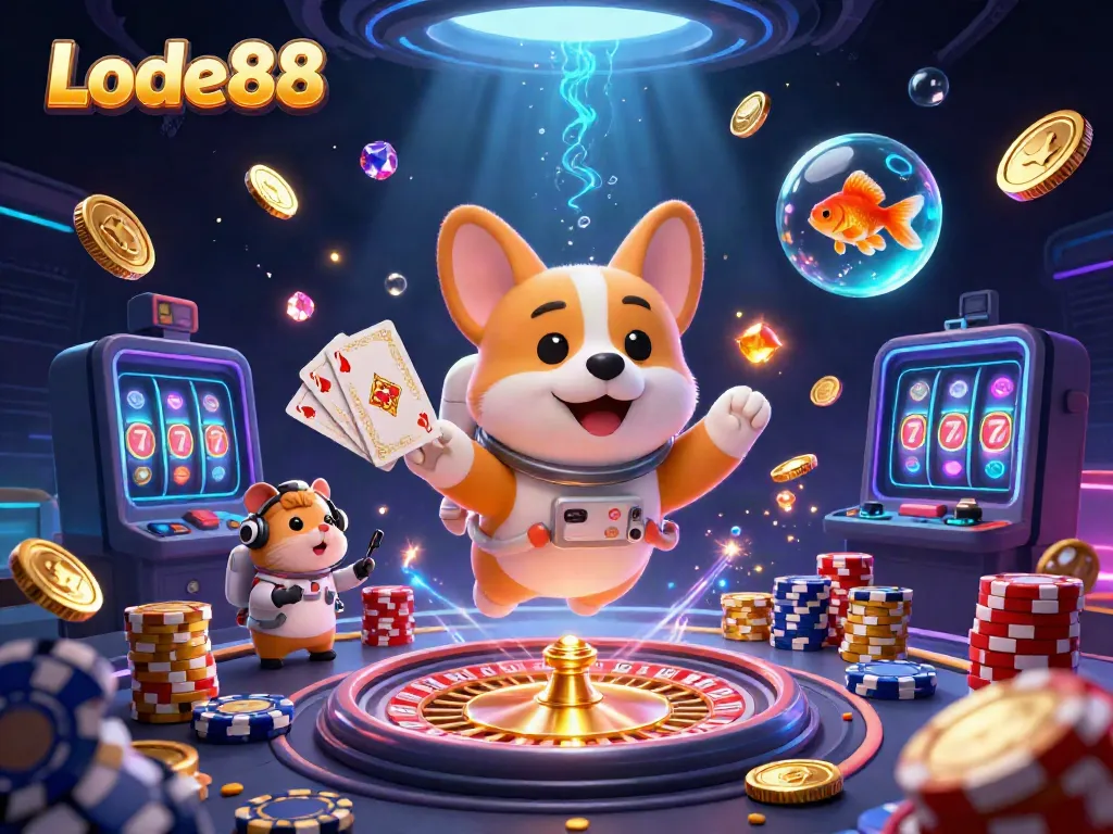 Experience Lode88's vibrant gaming universe with an astronaut corgi exploring a space casino.