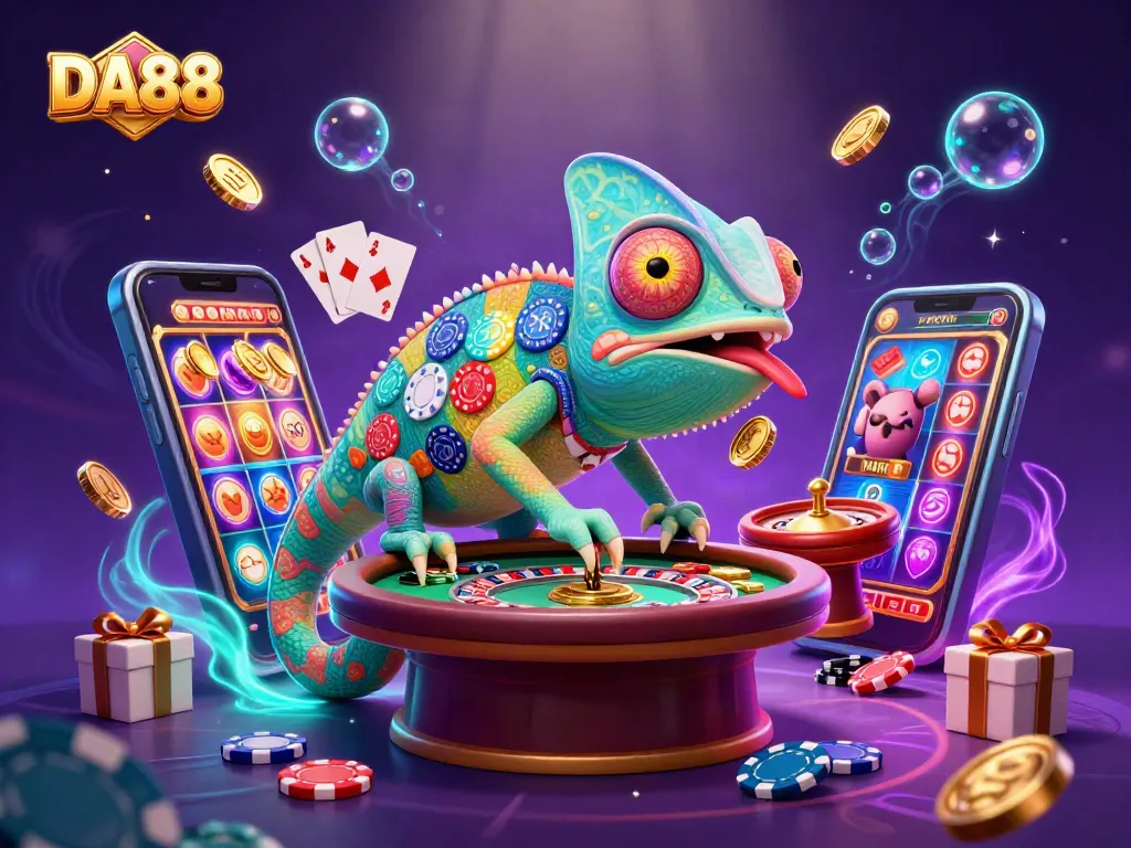 Play with DA88's chameleon casino owner amidst coins, vibrant slots, and poker action.