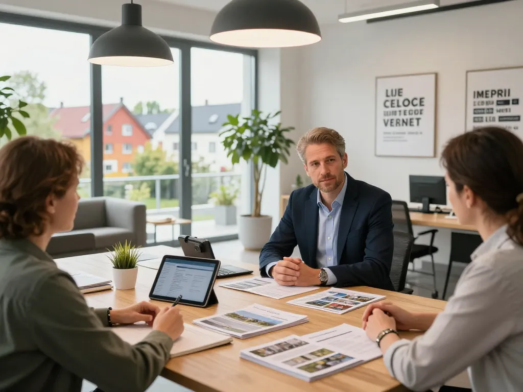Immobilienmakler Frankfurt Preungesheim berät Kunden in einem modernen, einladenden Büro.