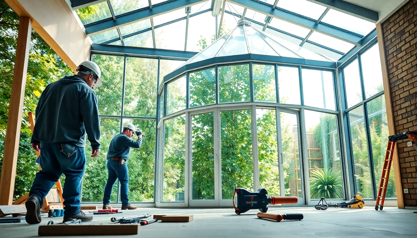 Direkt zur Website zeigt eine moderne Wintergarten-Bau-Szene mit Handwerkern.